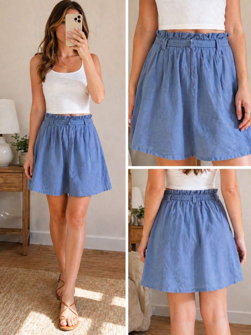 Odille Blue Paperbag Waist Circle Skirt Size 0 Linen